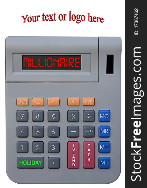 A fun concept calculator for millionaires and budding entrepreneurs with keys for luxury items such as a yacht an island and a holiday. A fun concept calculator for millionaires and budding entrepreneurs with keys for luxury items such as a yacht an island and a holiday.