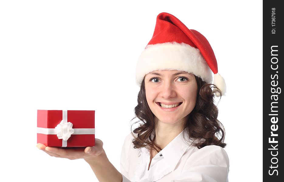 Portrait of a happy young beautiful woman holding a present in her hand isolated on white. Portrait of a happy young beautiful woman holding a present in her hand isolated on white