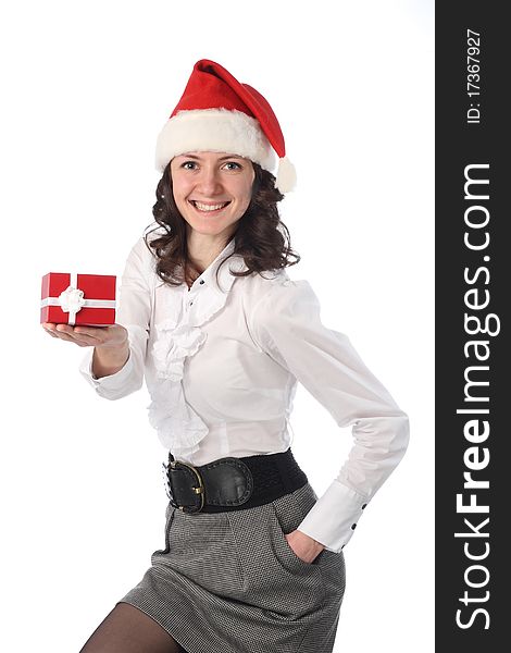 Happy young beautiful business lady offering a present with a smile isolated on white. Happy young beautiful business lady offering a present with a smile isolated on white
