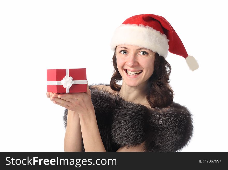 Portrait of a beautiful young lady holding a present in red box and laughing isolated on white. Portrait of a beautiful young lady holding a present in red box and laughing isolated on white