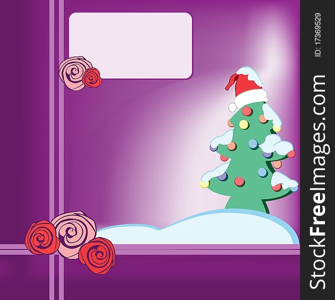 Vector christmas postcard with roses and xmas tree. Vector christmas postcard with roses and xmas tree