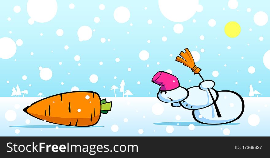 Cartoon illustration of a snowman and carrot.