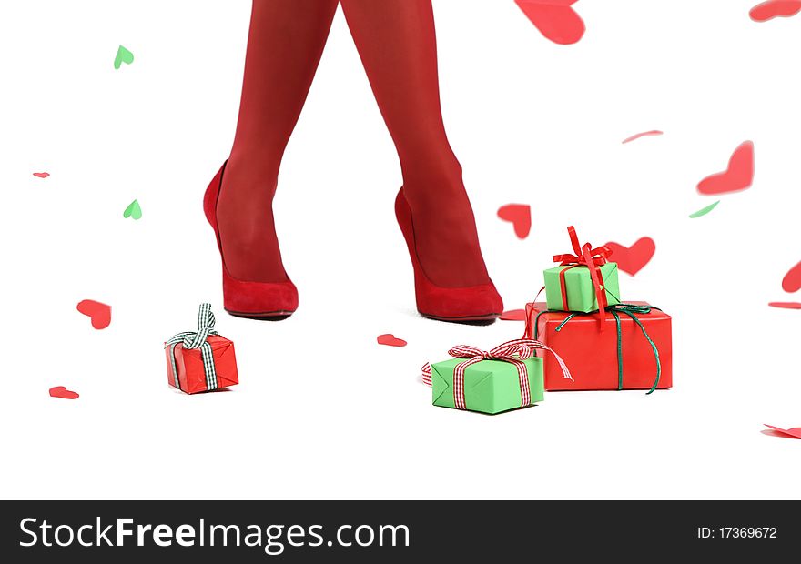 Presents and falling hearts for woman in red. Presents and falling hearts for woman in red