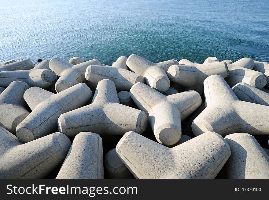 Breakwater with concrete blocks , tetra pods. Breakwater with concrete blocks , tetra pods