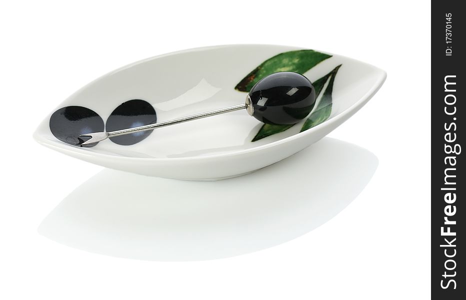 Plate for olive with skewer with handle of olive