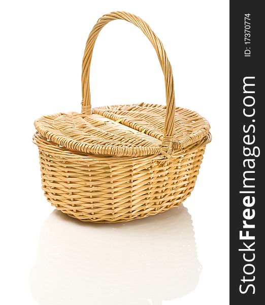 Studio shot one yellow bast basket with handle isolated on white background. Studio shot one yellow bast basket with handle isolated on white background