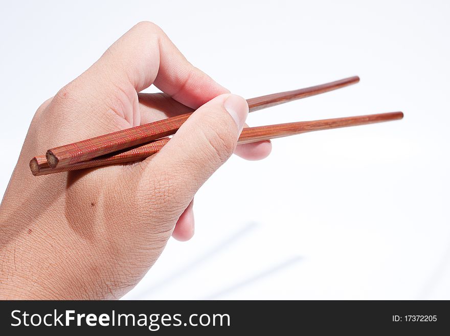 Chopsticks are the hand grip. On a white background.