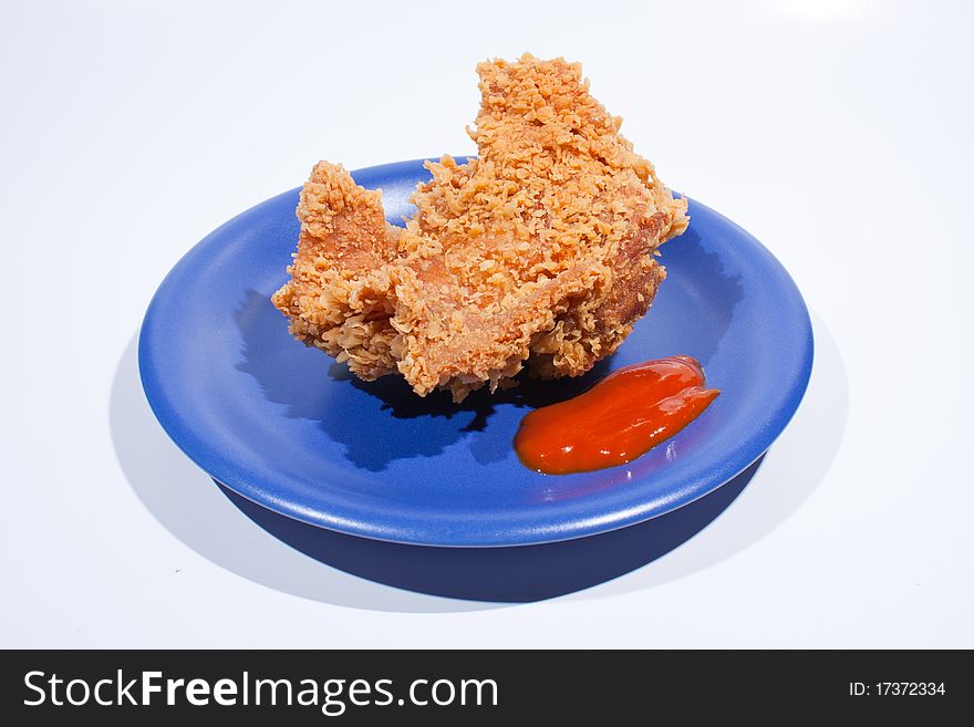 Fried Chicken And Sauce Dish Dark Blue.