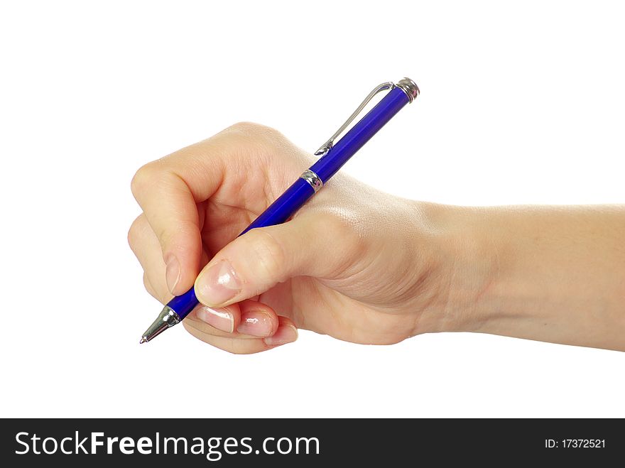 Hand holding pen isolated on white background