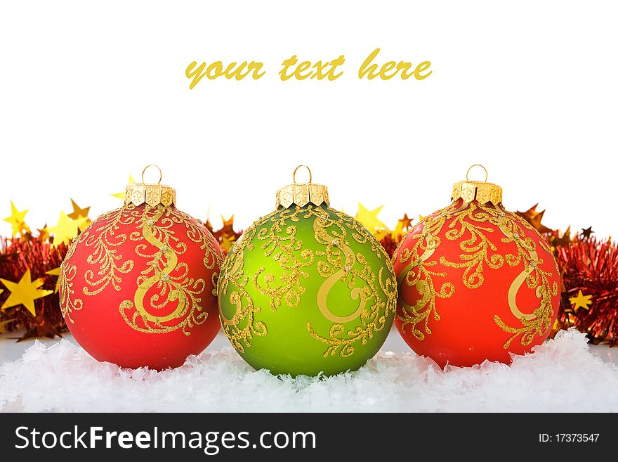 Christmas decorations isolated on white background (with sample text)