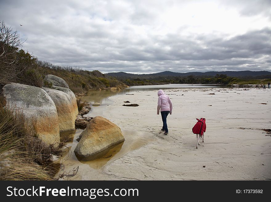 Girl And Whippet Walking On Beach