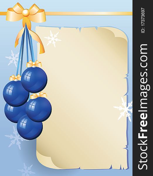 Greeting card with old sheet of paper and blue christmas balls with bow, christmas decoration, snowflakes. Greeting card with old sheet of paper and blue christmas balls with bow, christmas decoration, snowflakes