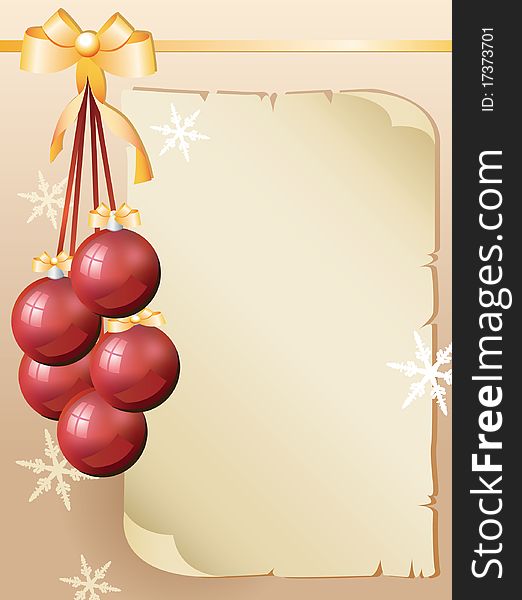 Greeting card with old sheet of paper and red christmas balls with bow, christmas decoration, snowflakes. Greeting card with old sheet of paper and red christmas balls with bow, christmas decoration, snowflakes