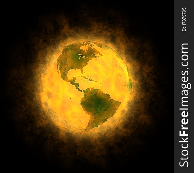 Computer generated 3D illustration of glowing planet Earth on black background. Theme of global, warming, weather, catastrophe, spirituality, creation of the world, transformation of the world. You can see America. Computer generated 3D illustration of glowing planet Earth on black background. Theme of global, warming, weather, catastrophe, spirituality, creation of the world, transformation of the world. You can see America.