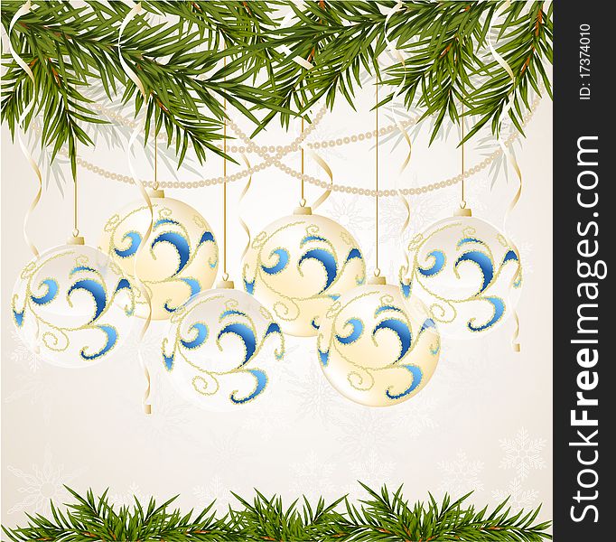 Blue, white end transparent Christmas ball on new year tree, vector illustration
