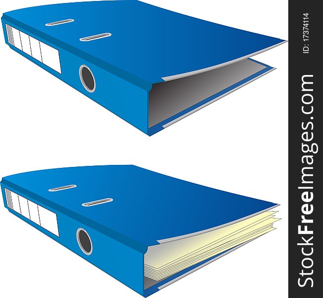 Two blue folders for office papers, full and empty. Vector.