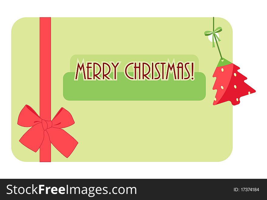 Christmas card. Green background with red Christmas tree and bow