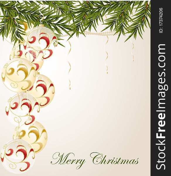 Red end white transparent Christmas ball on new year tree, vector illustration