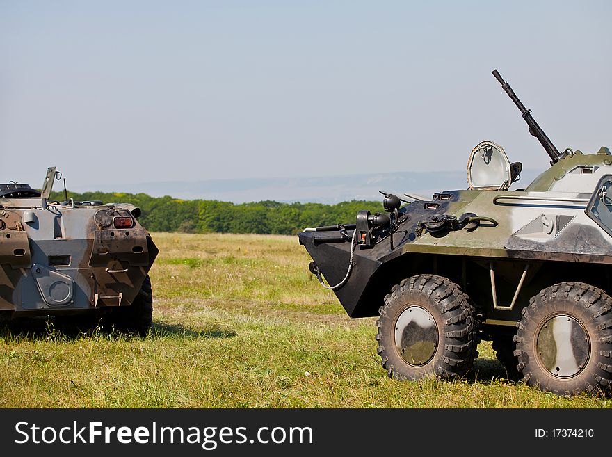 Armoured personnel carriers armed with heavy machine gun. Armoured personnel carriers armed with heavy machine gun.