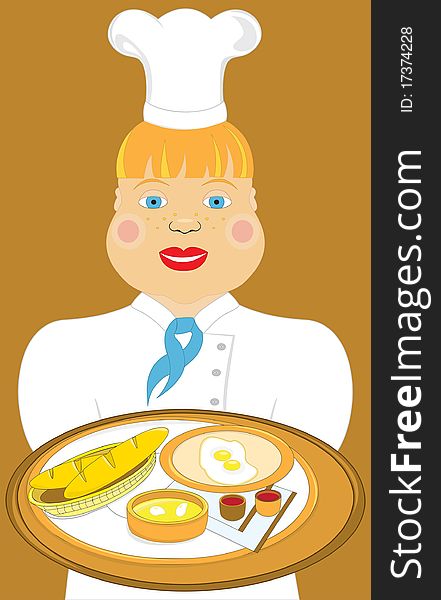 Cook cookery man tray roll egg soup  meal  service restaurant picture s illustration vertical food