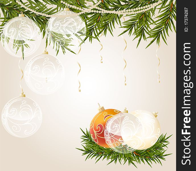 Gold end white transparent Christmas ball on new year tree, vector illustration