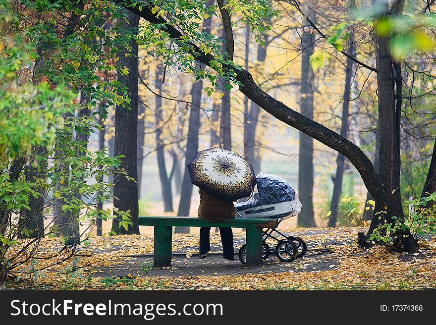 Walk with baby carriage in autumn park