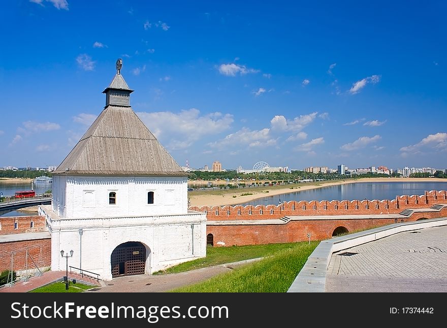 View of old tower and wall of Kazan Kremlin, Russia.