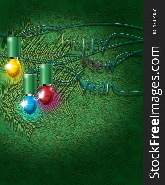 New year green background with electric bulbs and pine threes; abstract art illustration