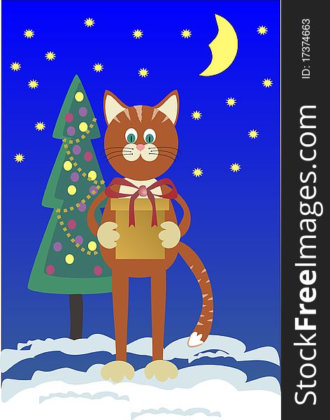 Orange cat with a gift about a Christmas tree against the star sky