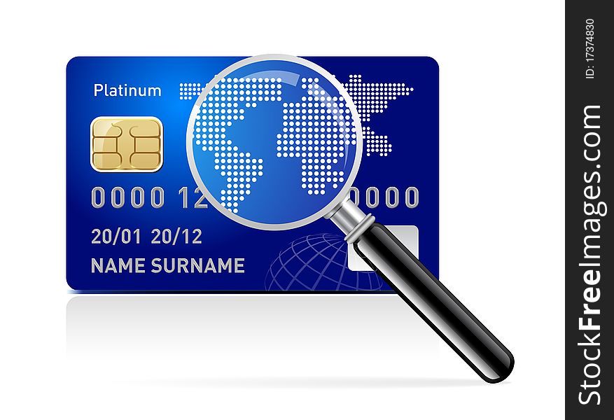 Vector credit card with magnifying glass on white