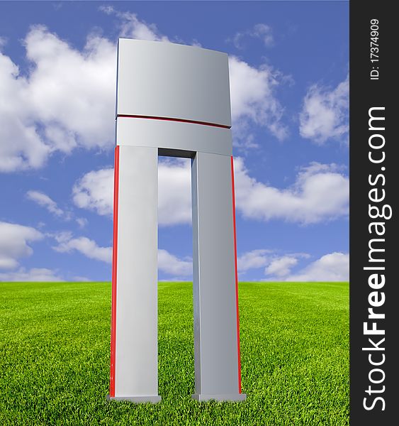 Blank signpost in brushed aluminum on lawn with blue sky and clouds, isolated with clipping path. Blank signpost in brushed aluminum on lawn with blue sky and clouds, isolated with clipping path