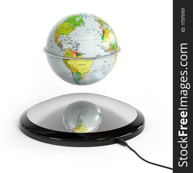 Globe with a magnetic stand, hovering in the air. Globe with a magnetic stand, hovering in the air
