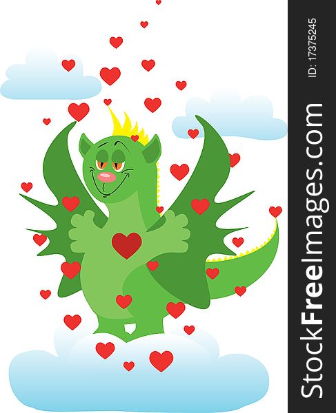 An in love dragon steams in clouds in surroundings hearts