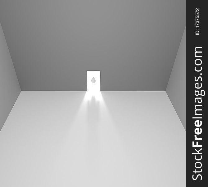 Large bright room in which one output with bright lighting in which there is a figure of a man. 3d computer modeling