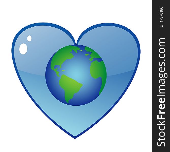 Vector illustration of cartoon Earth in glossy blue heart. Vector illustration of cartoon Earth in glossy blue heart