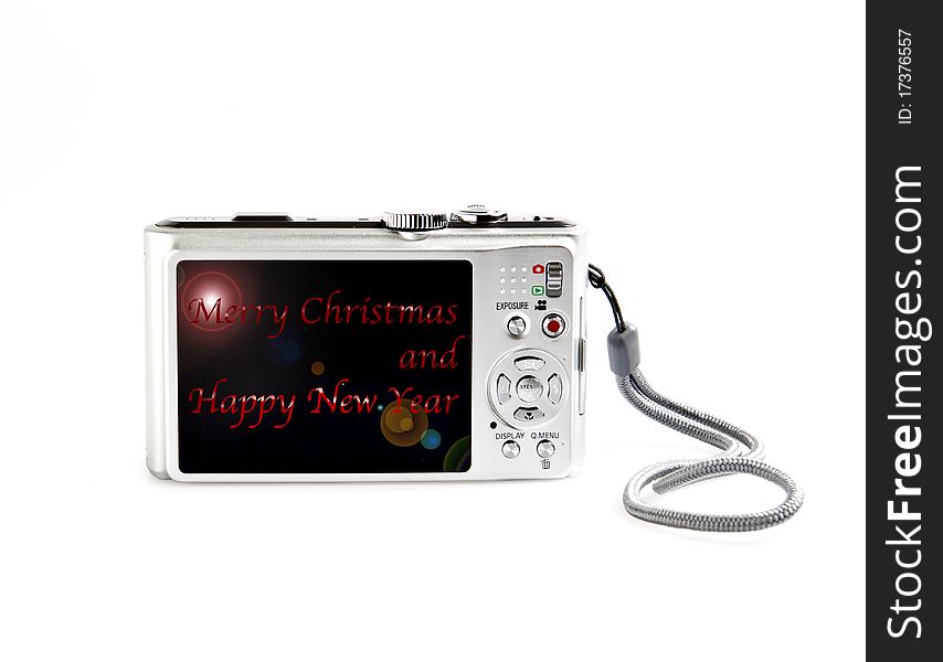 A digital camera with good wishes written on white background. A digital camera with good wishes written on white background