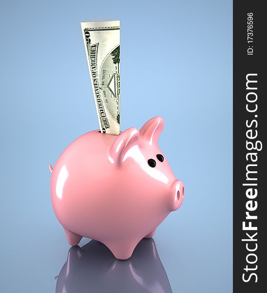 Pink piggy bank and dollar in it - 3d render. Pink piggy bank and dollar in it - 3d render