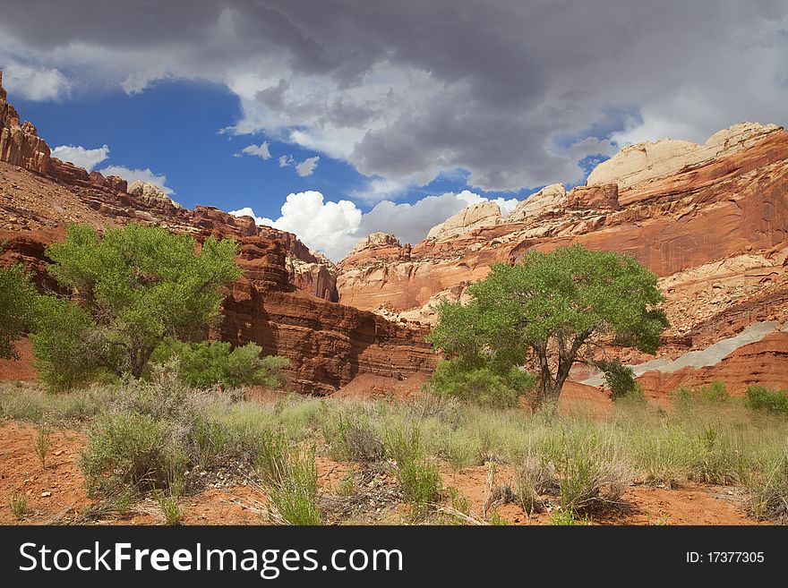 View of the red rock formations in Capitol Reef National Park with blue sky�s and clouds