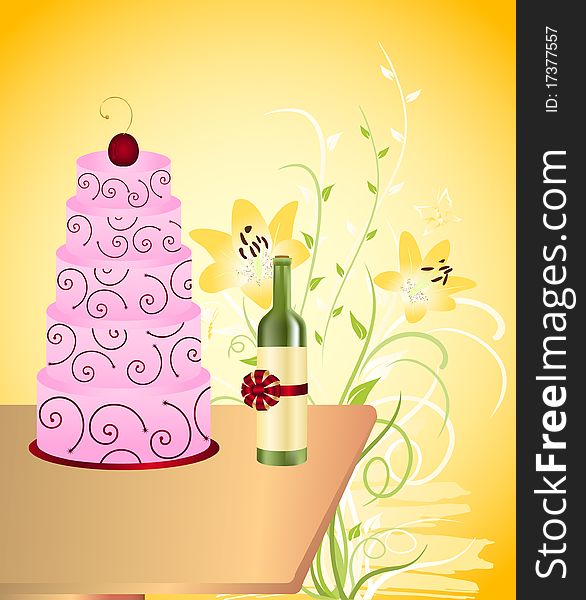 Wine bottle and cake on floral background