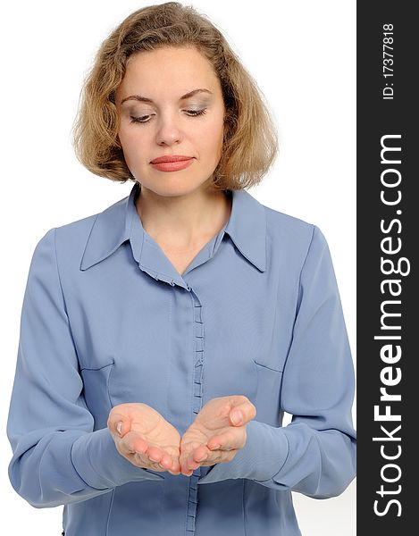 Beautiful business woman holding hand presenting a product. On a white background