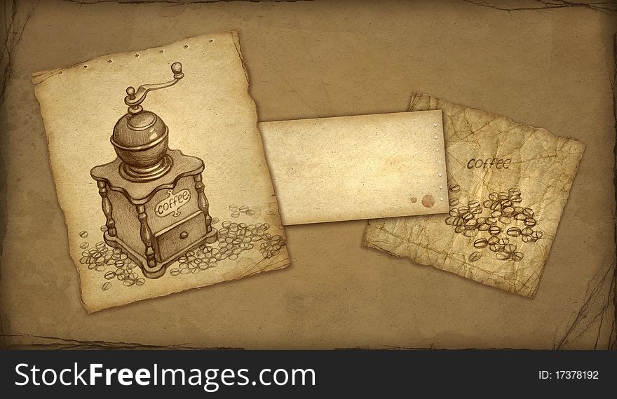 Background with sketch of coffee grinder. Background with sketch of coffee grinder