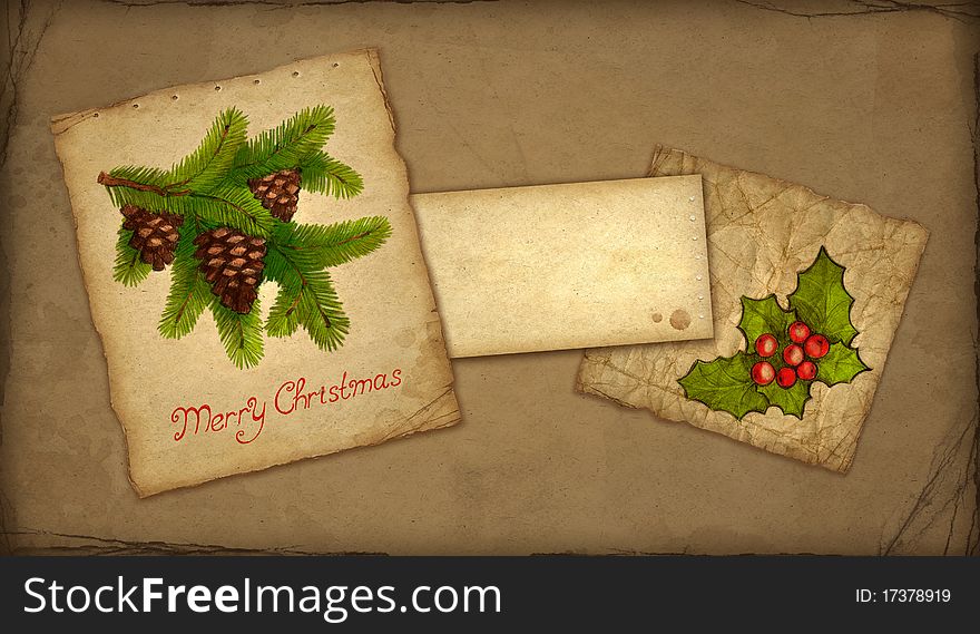 Christmas greeting card with illustration of cone on branch and holly berry