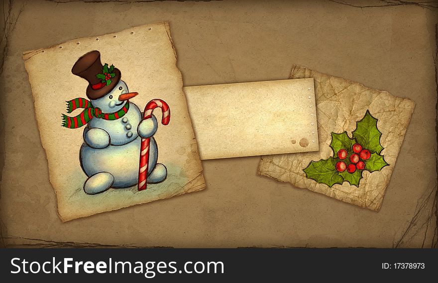 Christmas greeting card with drawing of snowman and holly berry