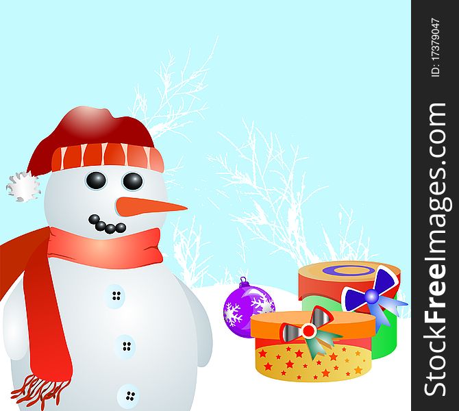 Decorative snowman and gift background. Decorative snowman and gift background
