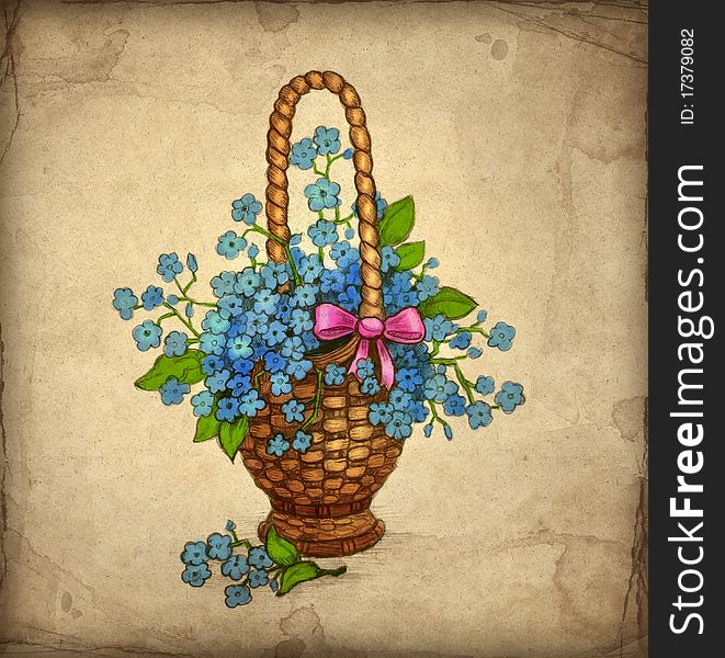 Old greeting card with basket of flowers