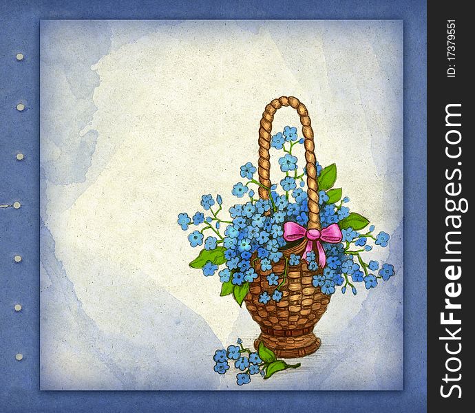 Old greeting card with basket of flowers