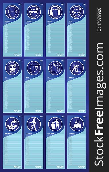 2011 Health and Safety portrait layout calendar with page per month individually layered. 2011 Health and Safety portrait layout calendar with page per month individually layered