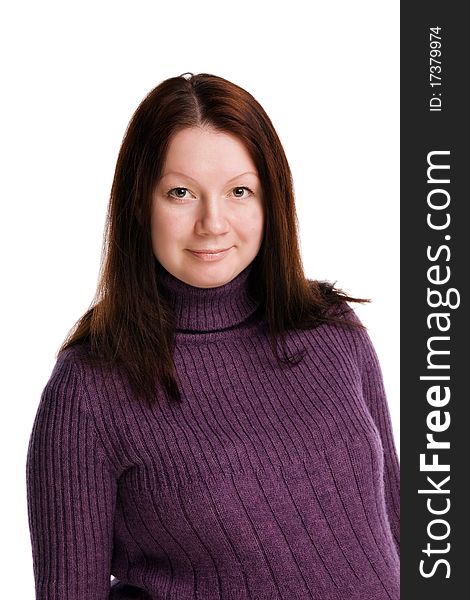 Portrait of the beautiful smiling girl in a purple sweater, isolated on white. Portrait of the beautiful smiling girl in a purple sweater, isolated on white