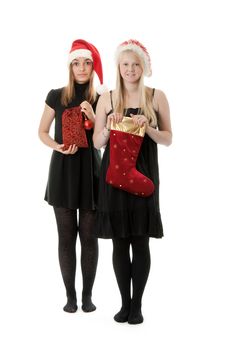 Two Girls In The Santa Hat Stock Photos