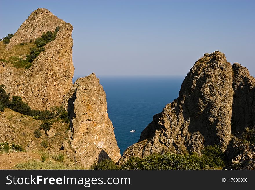 View from Kara-Dag mountains to the Black Sea, Crimean peninsula.